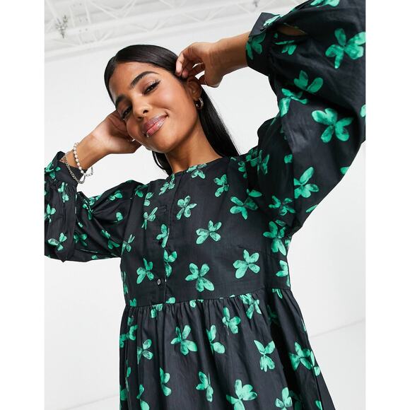 ASOS Pieces Floral Mini Smock Babydoll Dress in Black & Green Long Sleeve Size M - Picture 4 of 8